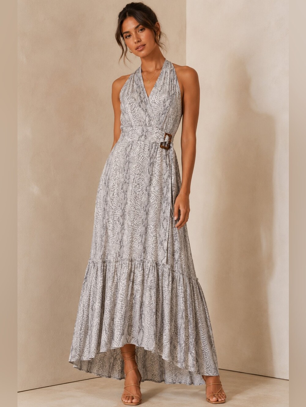 Anthropologie Grey Snake-Print High-Low Halter Maxi Dress